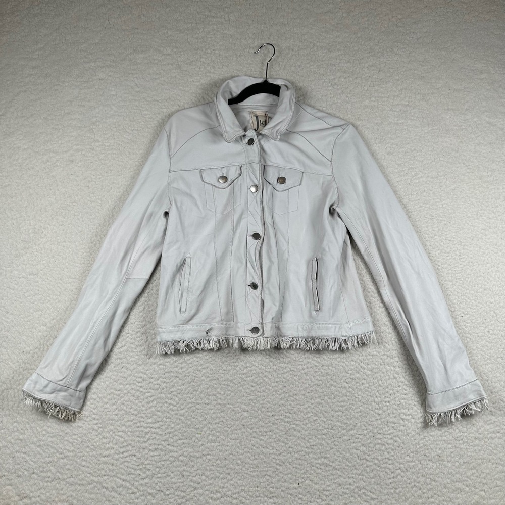 Jkt NYC Leather Jacket Womens Frayed Fringe Cropped Trucker L Light Gray Boho